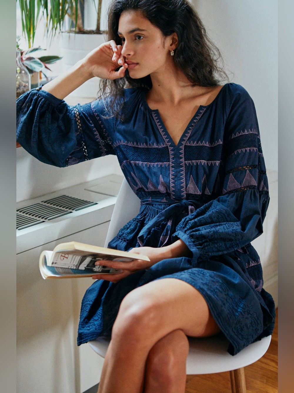 Anthropologie Skye Embroidered Dress baloon sleeves navy eyelet 1X embroidered